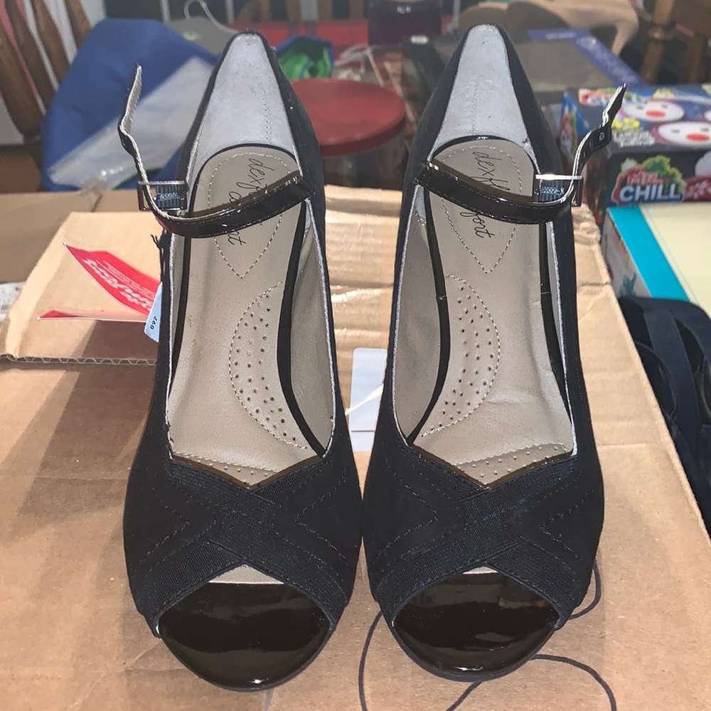 Black Pleather Open Toe Heels